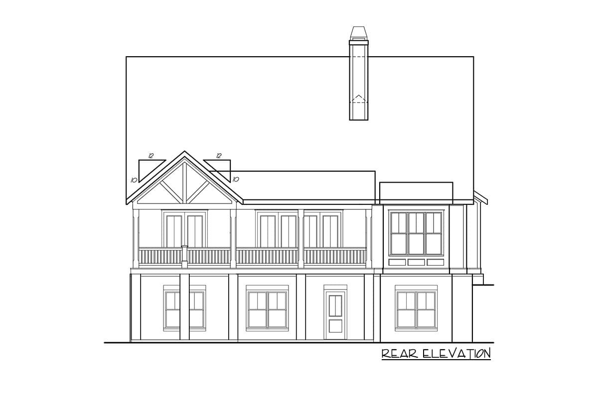 Rear elevation drawing of a two-story house plan featuring gabled dormers, double porches, and a chimney.