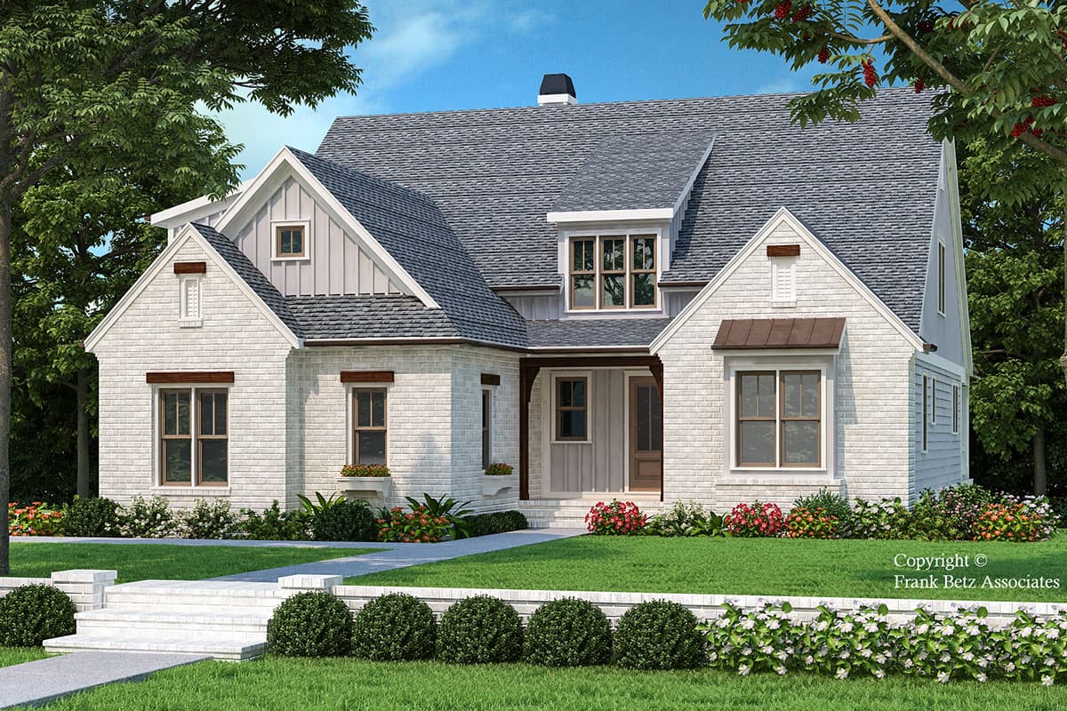 House plan exterior. Two-story Modern Farmhouse with gabled roof, dormers, and brick facade. Features include a front porch and decorative brackets.