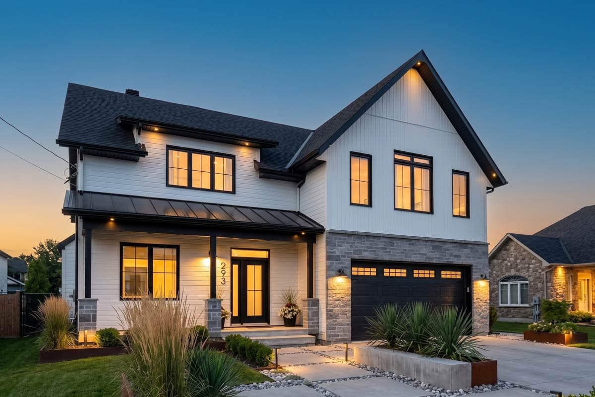 House plan exterior: two-story modern farmhouse with stone base, prominent gable, black roof, and covered front entry.