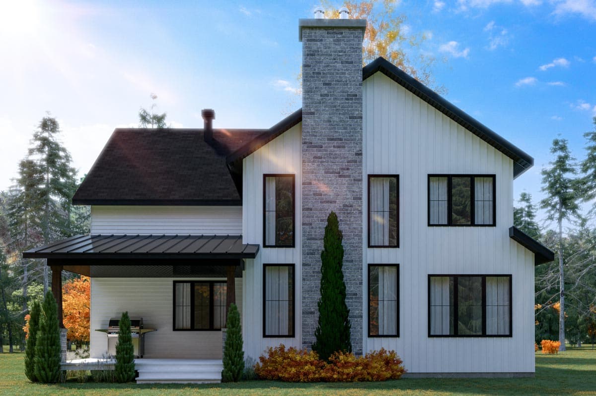 Modern Farmhouse house plan exterior with vertical siding, prominent brick chimney, covered porch with columns, and dark-framed windows.