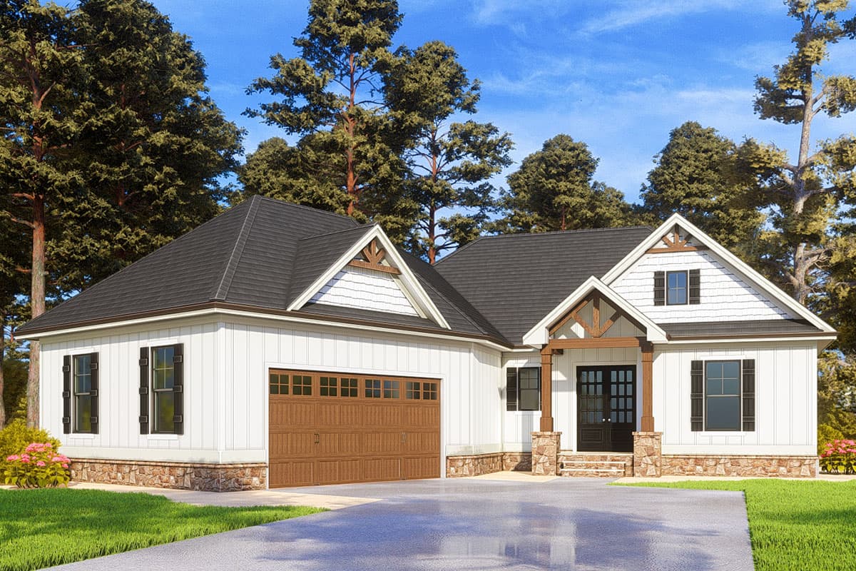 House plan exterior: One-story Modern Farmhouse with prominent gables, board and batten siding, stone accents, and a two-car garage.