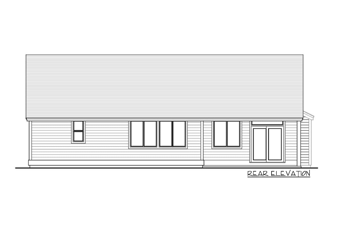 Rear elevation drawing of a single-story house with horizontal siding, multiple windows, and double glass doors.