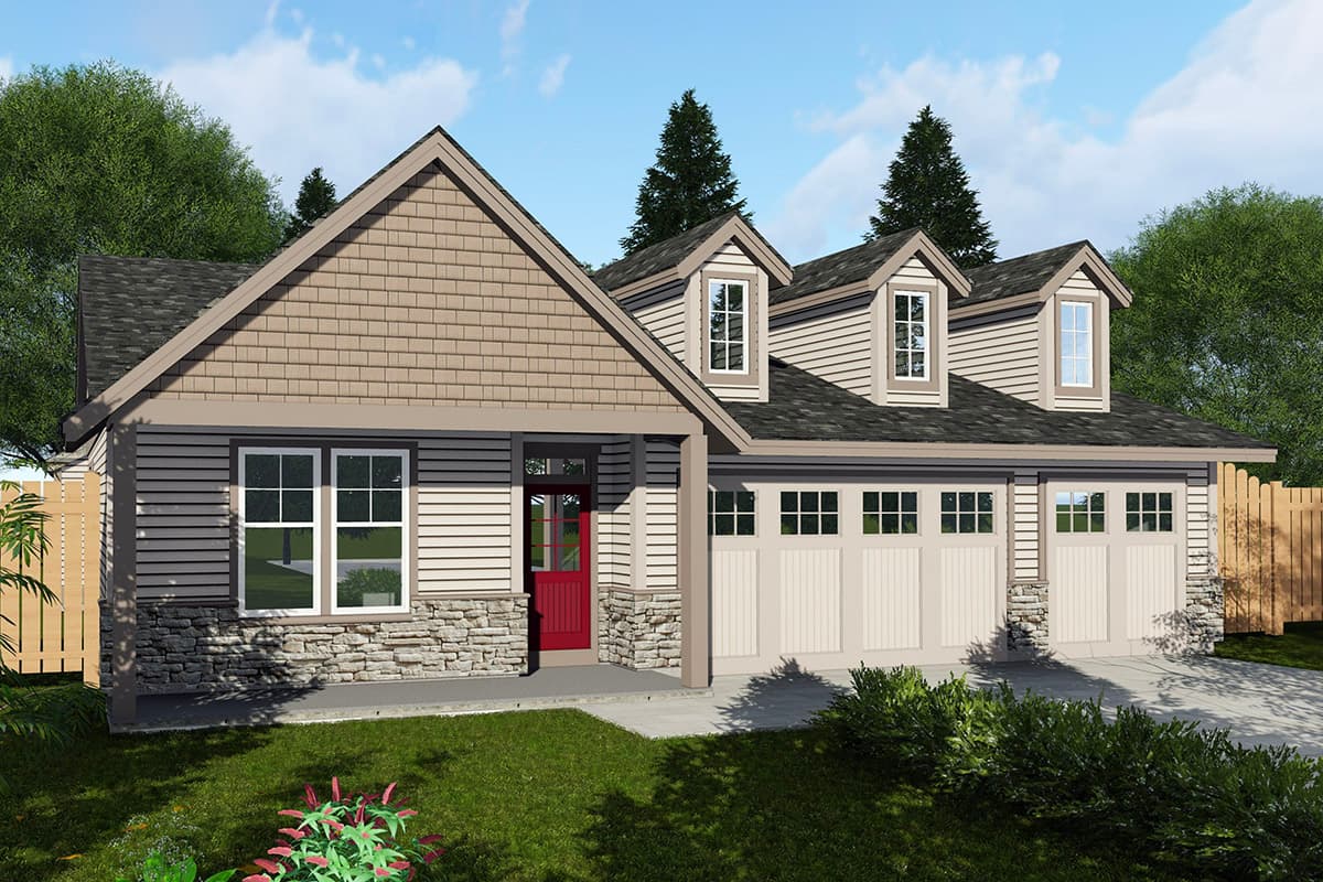 House plan exterior. Craftsman style with two dormers, a front-facing gable, and a two-car garage. Features include a covered porch and stone accents.