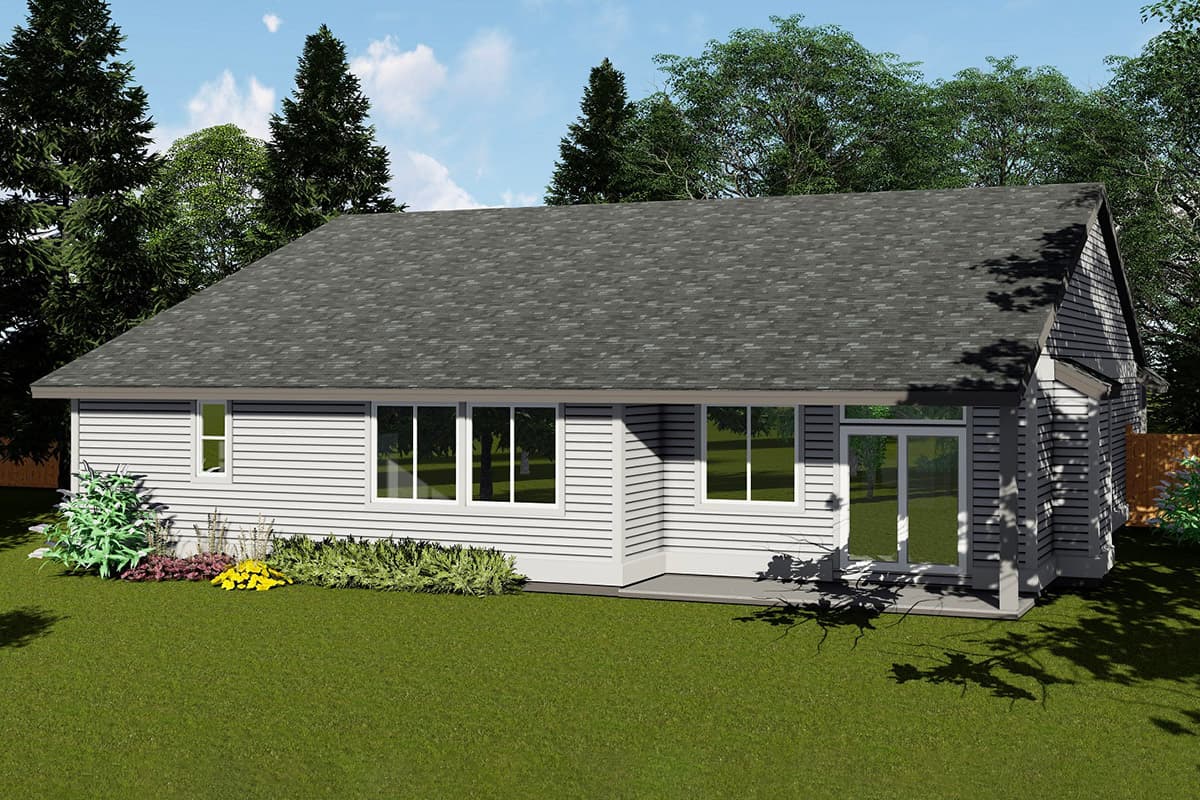 House plan exterior, one-story ranch style, white siding, gabled roof, double glass doors, and large windows.