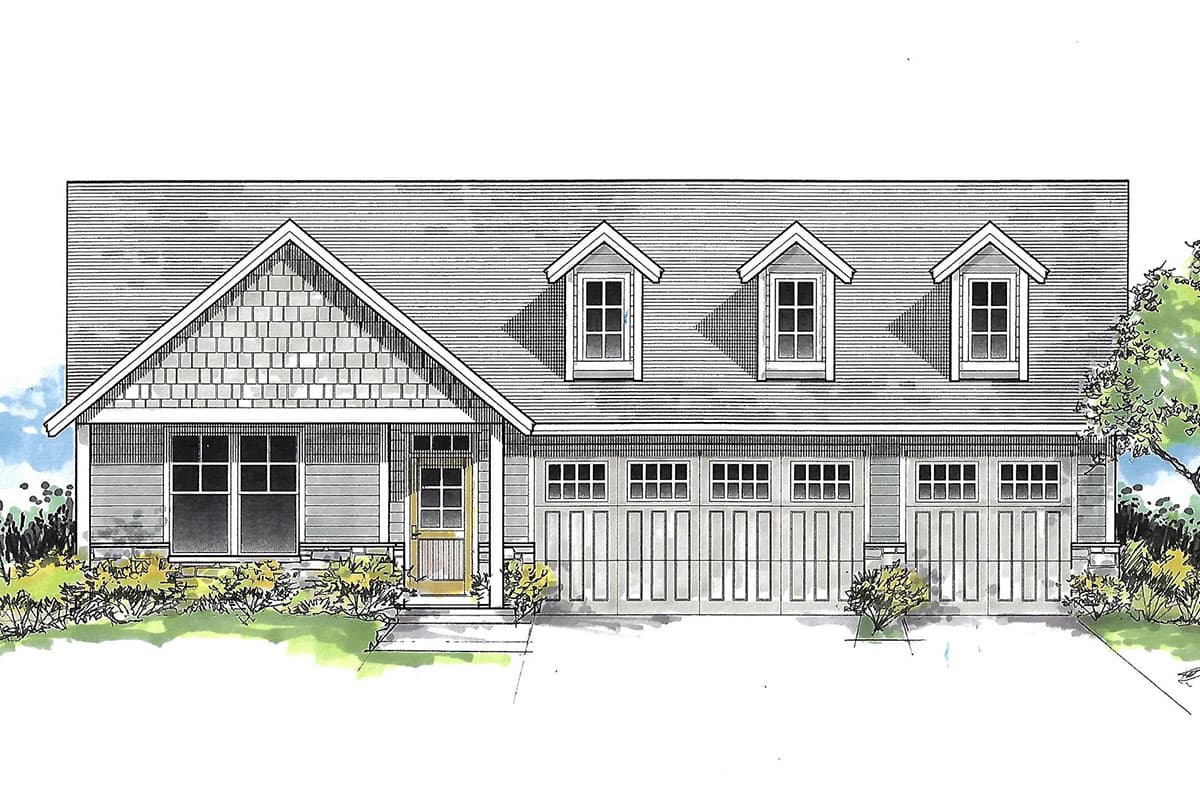 House plan exterior: One-story dwelling with front-facing gable, three dormers, covered entry, and a four-car garage.
