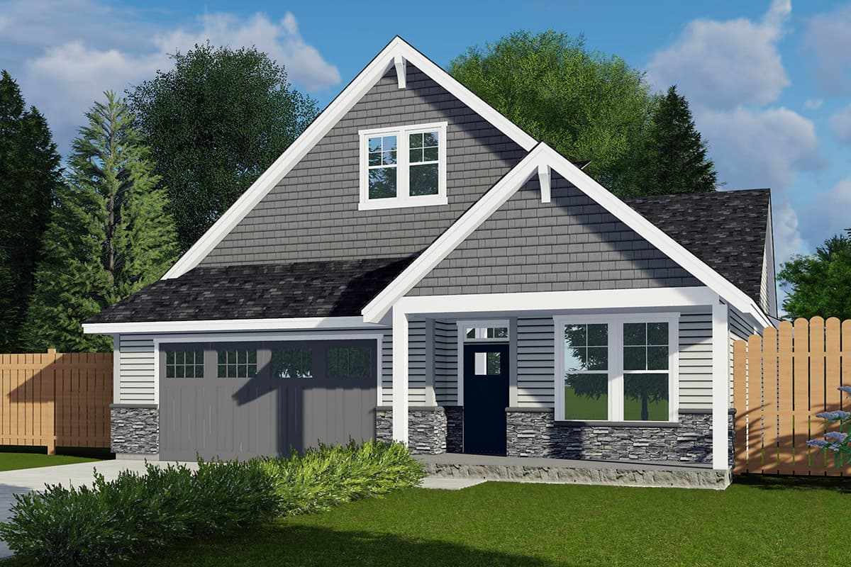 House plan exterior. Craftsman style, single-story house with gabled roof, dormer, and attached garage. Stone veneer accents and covered entry porch.