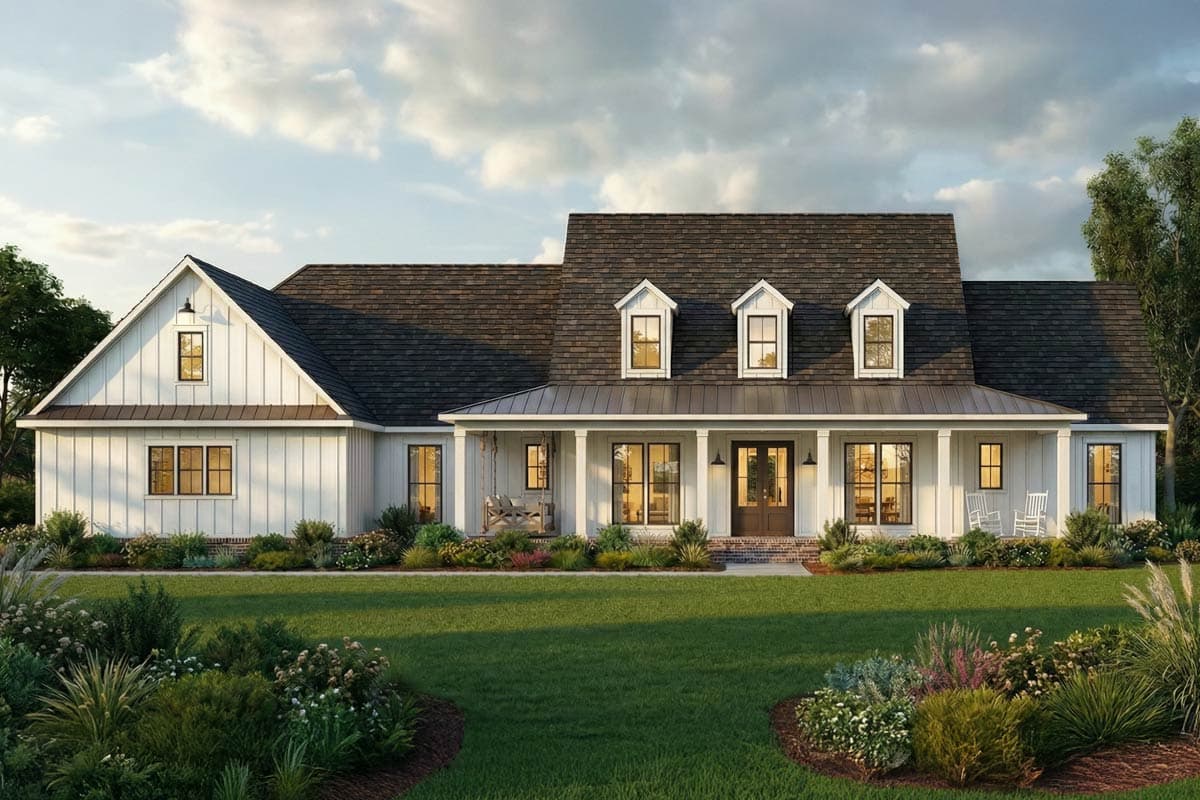 A large white farmhouse with a dark roof and a wide porch is framed by a green lawn and landscaped garden under a partly cloudy sky.