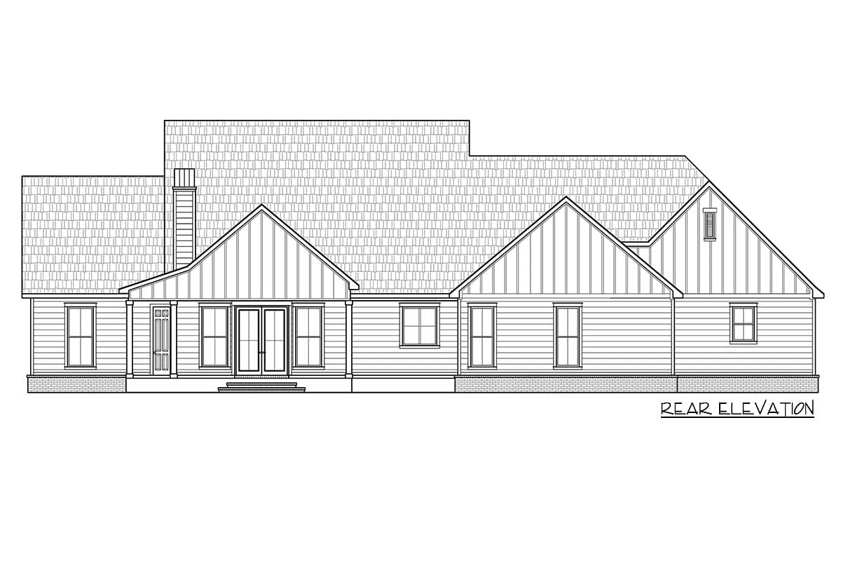 A detailed rear elevation drawing of a house. The design features a gable roof, multiple windows, double doors, and a chimney on the left side.