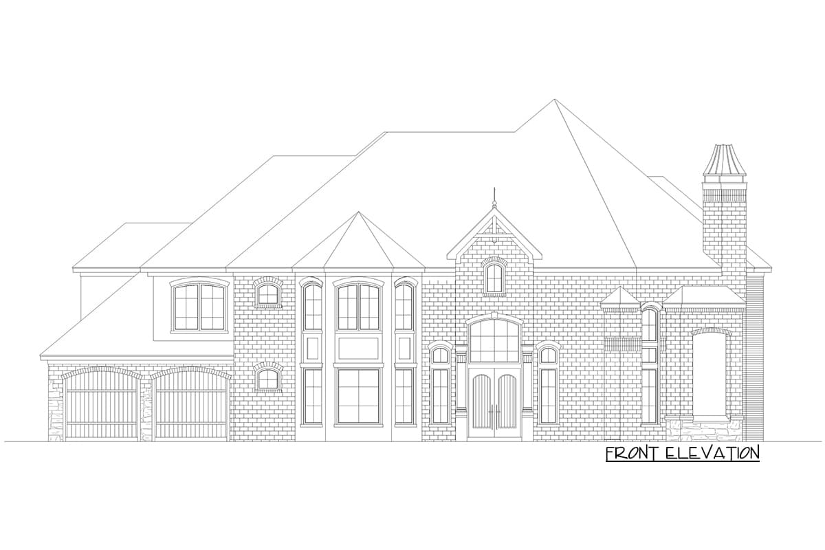 Front elevation house plan showing a brick facade with arched garage doors, a prominent entryway, and a large gabled dormer.