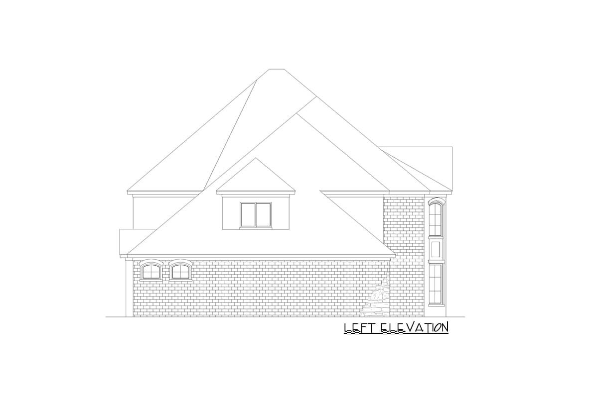 Left elevation drawing of a house plan, featuring multiple gables, dormers, arched and rectangular windows, and brick siding.