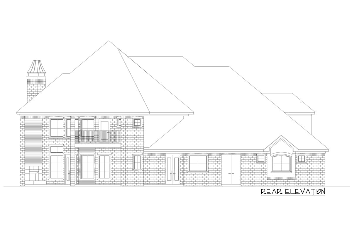 Rear elevation drawing of a two-story brick house with a prominent roofline, multiple windows, double doors, and a balcony.