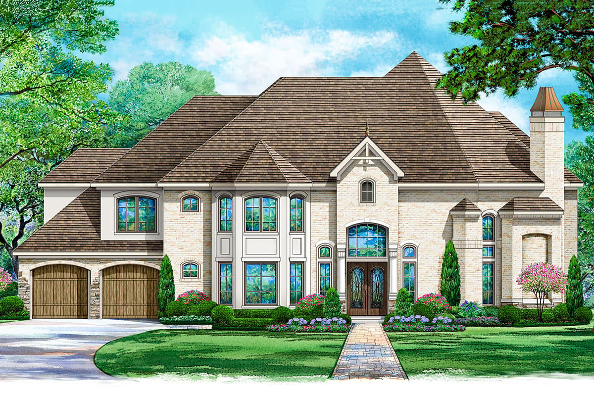 House plan exterior. Two-story with a brick facade, gabled roof, arched windows, and a side-entry garage. Decorative chimney.