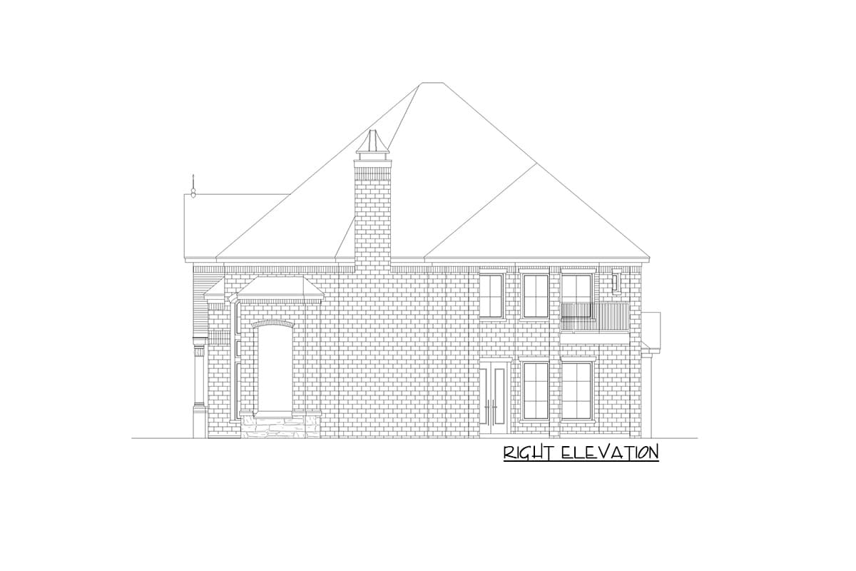 Right elevation drawing of a two-story brick house plan with a prominent chimney, multiple windows, and a small balcony.