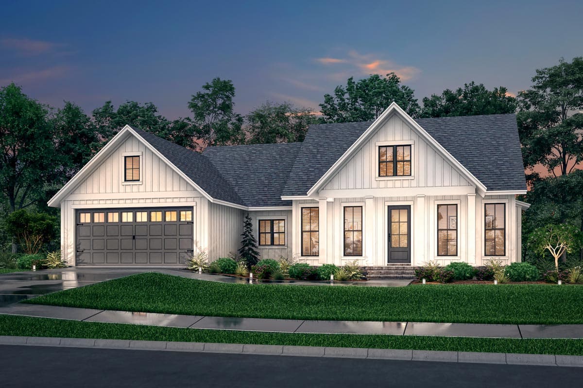 Modern Farmhouse house plan exterior with gabled dormers, white vertical siding, and attached two-car garage.