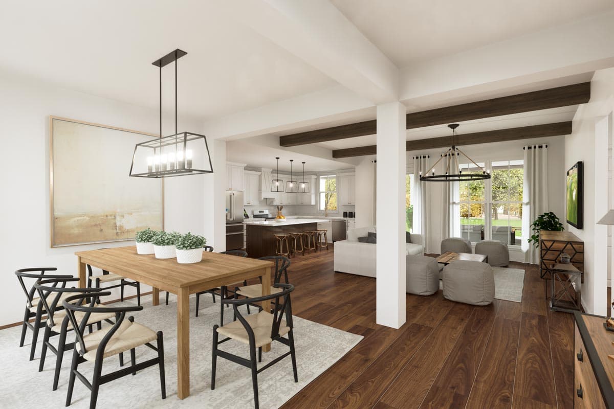 Open concept interior rendering showing dining area, kitchen with island, and living space with wood beams.