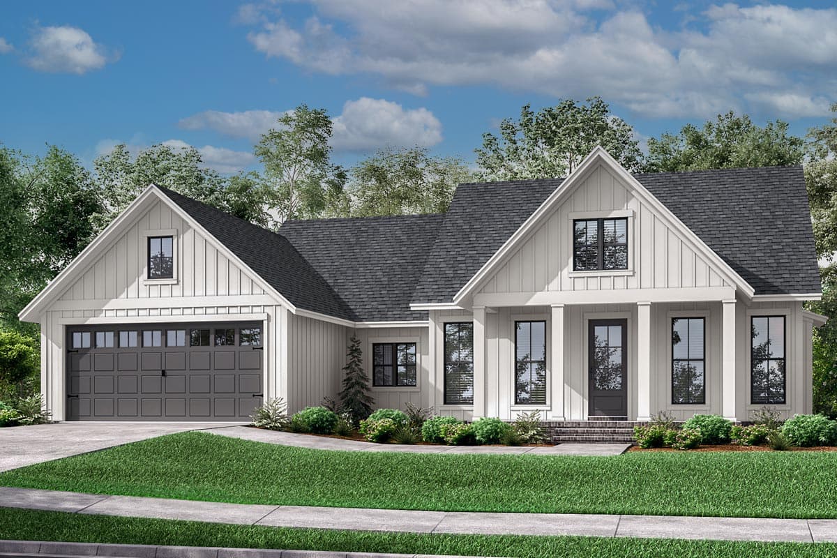 House plan exterior rendering. Modern Farmhouse style with gabled roof, front porch with columns, and attached garage. Two stories.