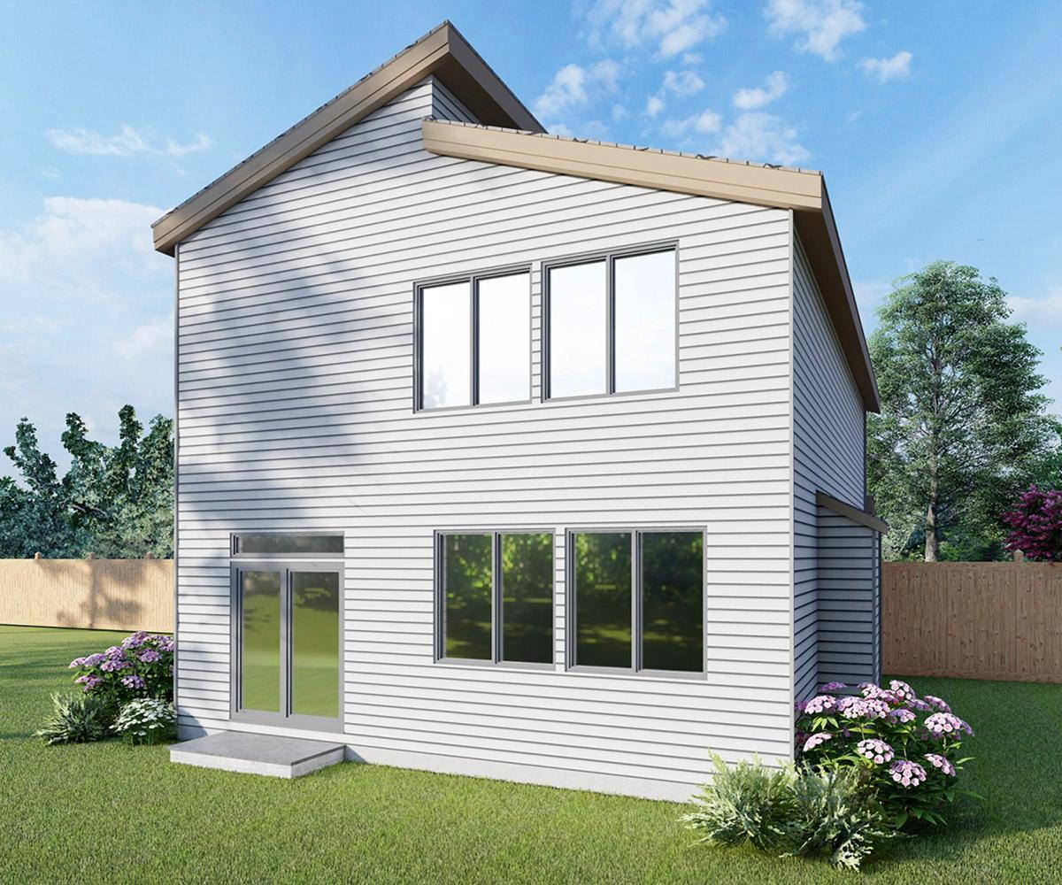 House plan exterior: two-story modern home with horizontal siding, gabled roof, double glass doors, and large rectangular windows.