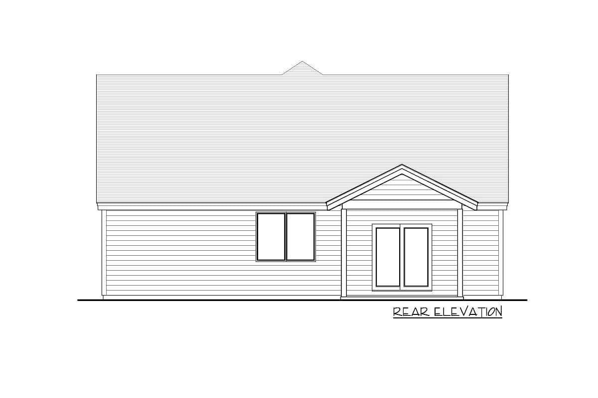 Rear elevation drawing of a one-story house plan with horizontal siding, a prominent gable, and double doors.