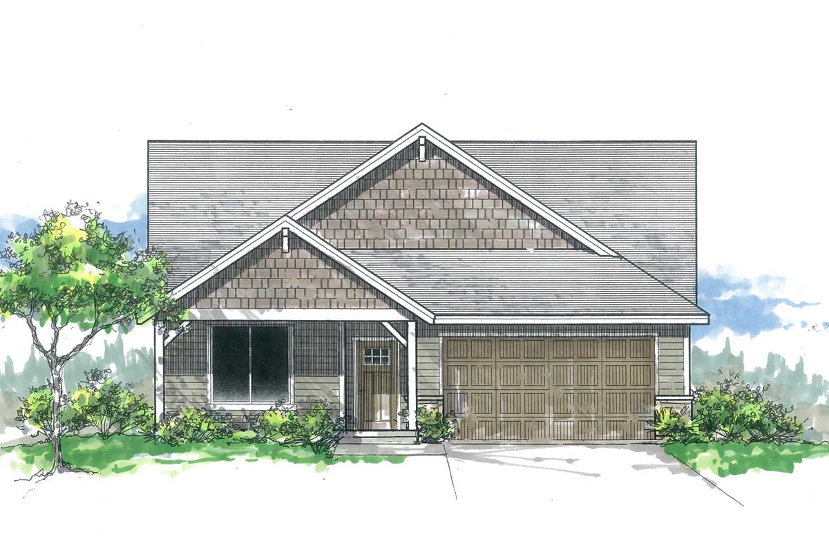 House plan exterior rendering of a single-story Modern Farmhouse with a covered front porch, gabled roof, and attached garage.