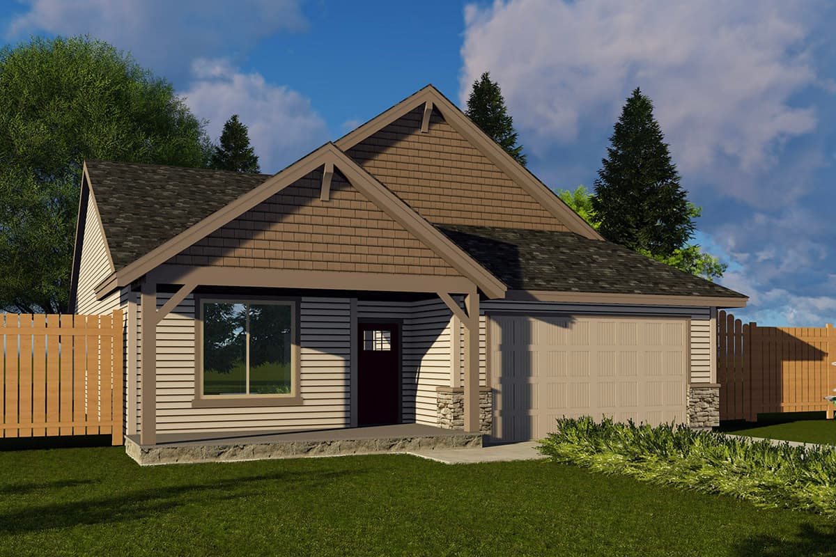 House plan exterior. Single-story Craftsman home with a gabled roof, covered porch, and attached garage. Stone-faced column supports the porch.