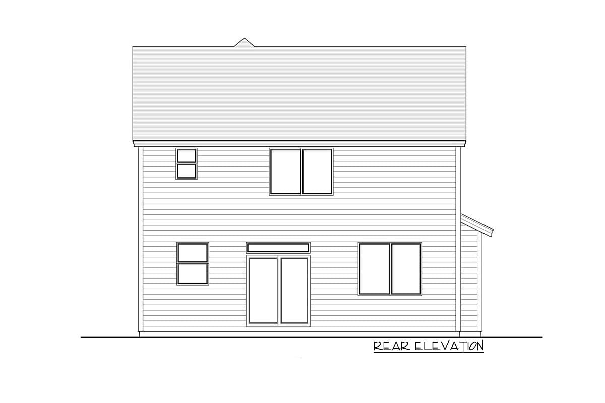 Rear elevation drawing of a two-story house plan with siding, multiple windows, and a double door.