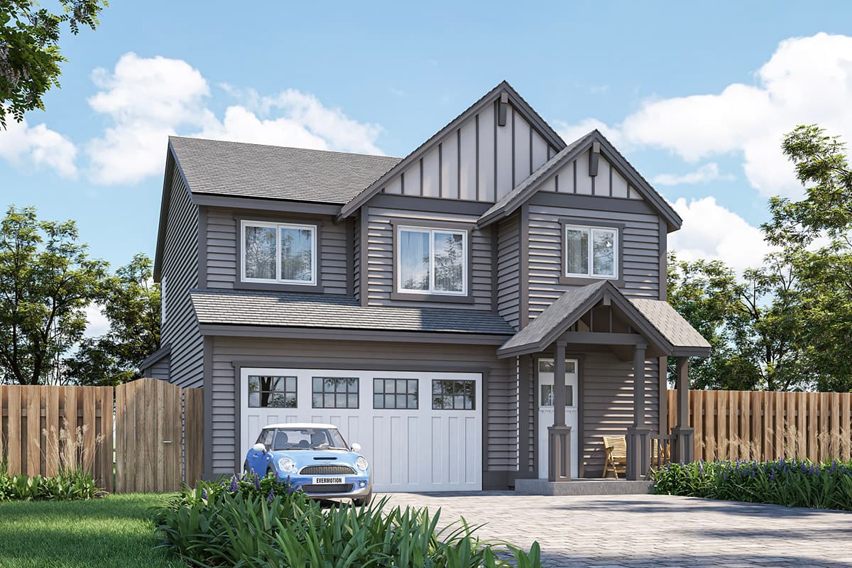 House plan exterior. Two-story Craftsman home with a gabled roof, a front-entry porch, and a two-car garage.