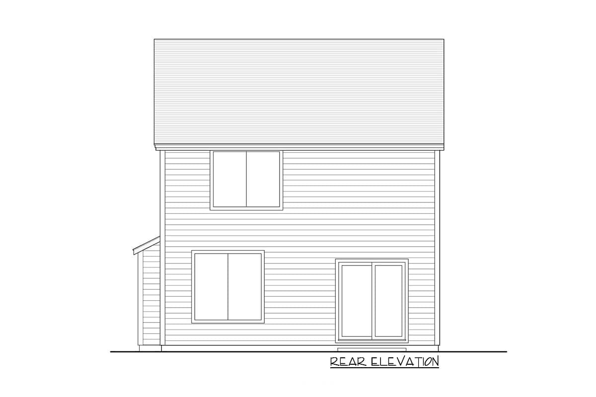 Rear elevation drawing of a two-story house with horizontal siding, two upper windows, and lower windows with sliding doors.