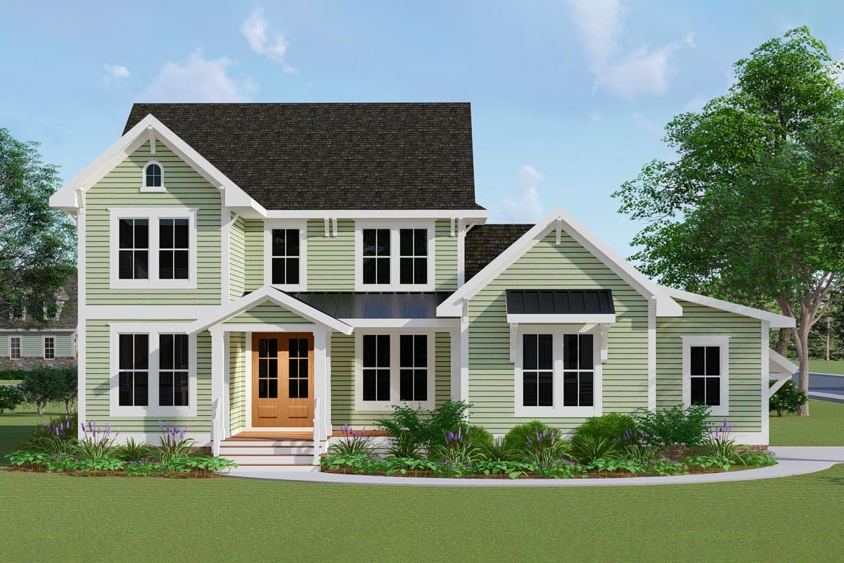 House plan exterior: Two-story Modern Farmhouse with gabled dormer, covered entry, and metal roof.