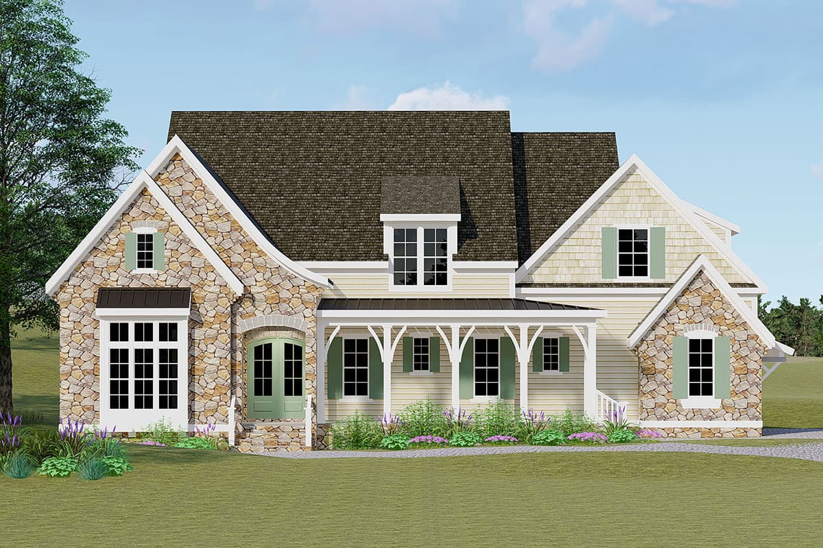 House plan exterior with stone accents, a front porch, multiple gables, and a dormer. One-and-a-half story, traditional design.