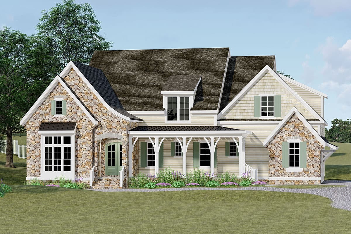 House plan exterior: two-story home with stone accents, gables, dormers, and a covered front porch with decorative supports.
