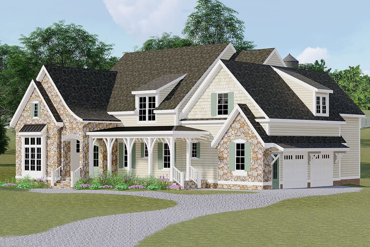 House plan exterior of a two-story home with stone accents, a covered front porch, multiple gables, and a three-car garage.