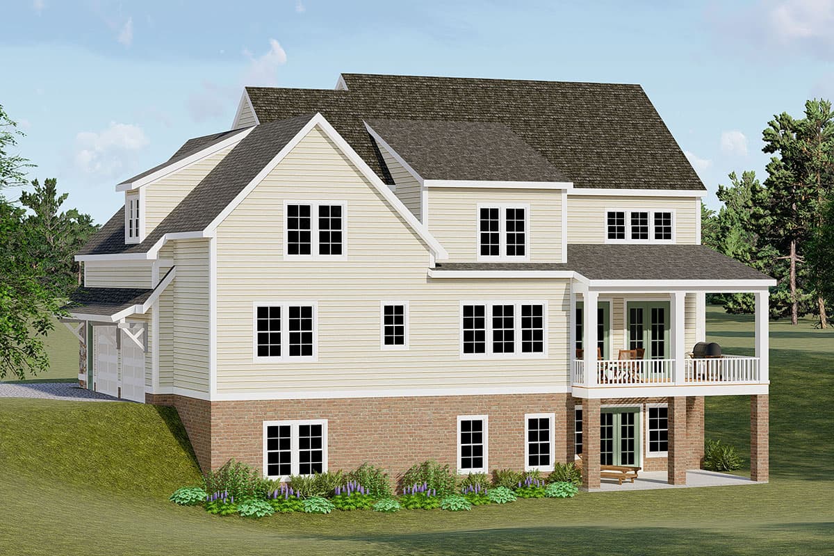 House plan exterior: three-story, light yellow siding, brick foundation, dormer, covered porch with railing, and attached side-entry garage.