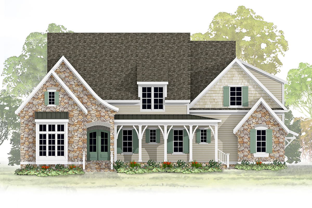 House plan exterior: Two-story home with stone accents, gables, a covered front porch, and dormer windows.