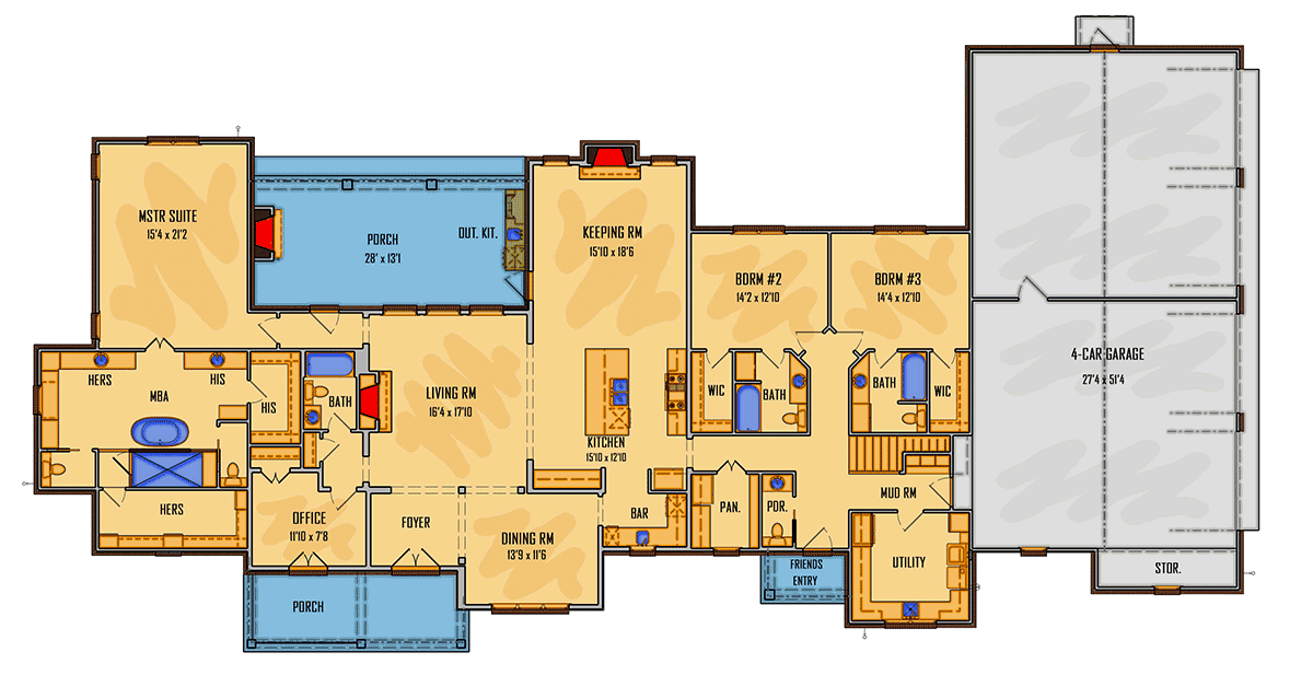 Plan 510139WDY: Exclusive French Country House Plan with Split Bedrooms - Floor Plan - Main Level - Acadian, Contemporary, Farmhouse, French Country, Louisiana-Style, New American, Southern