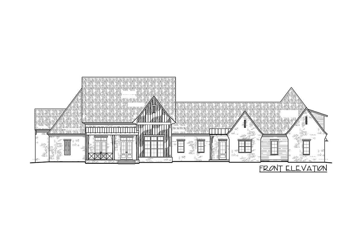 Front elevation drawing of a single-story house with a covered entry, varied rooflines, and brick and wood siding.