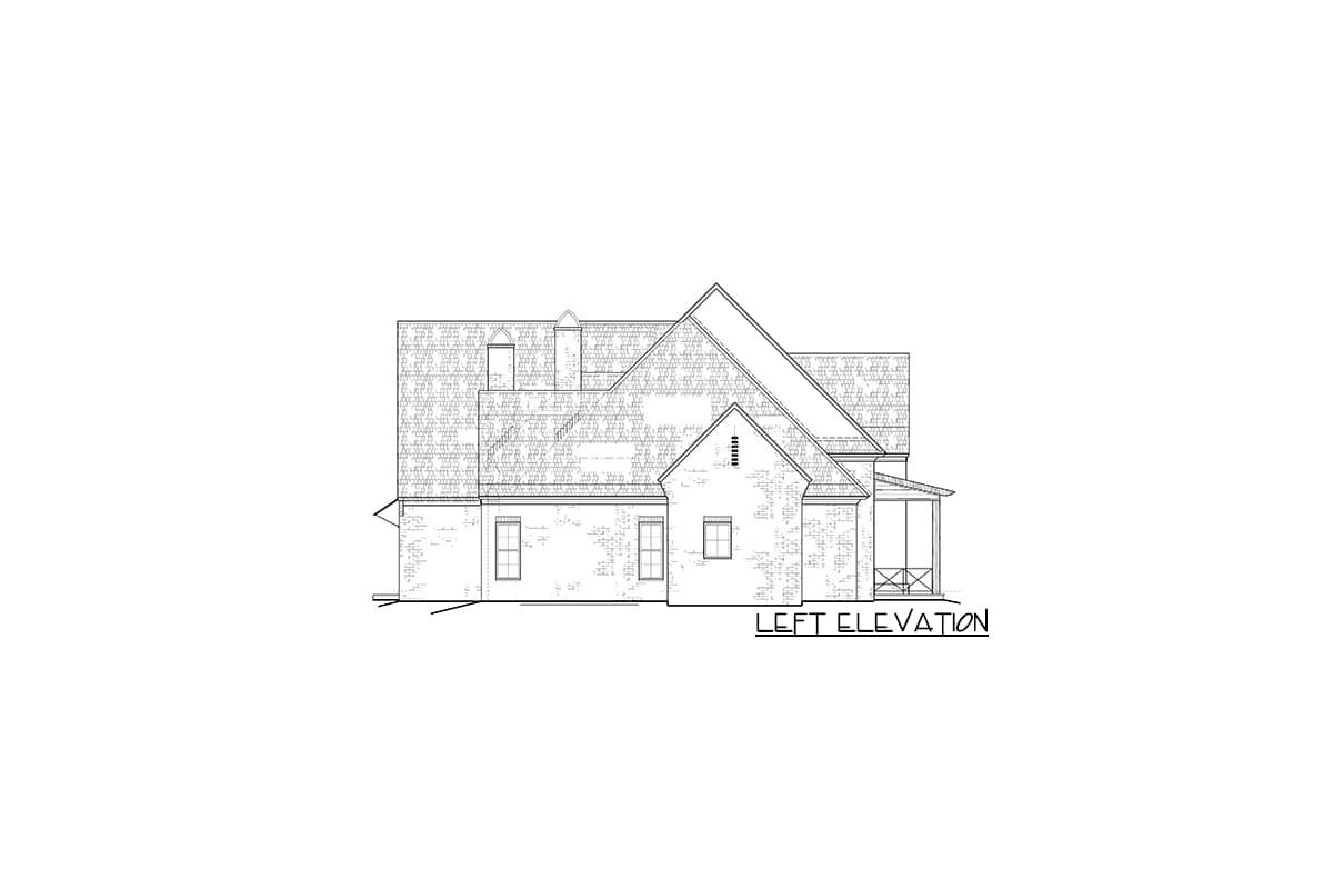 Left elevation drawing of a two-story house plan with brick facade, prominent gables, dormers, and a covered porch.