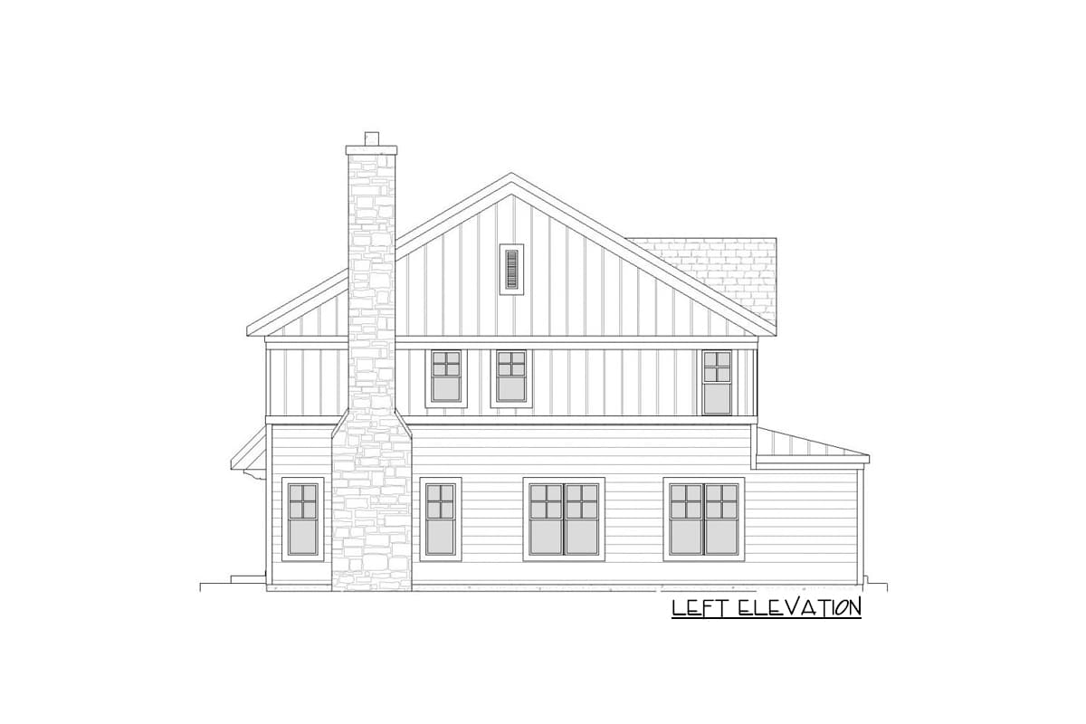 Left elevation house plan showing a two-story house with a stone chimney, gabled roof, and multiple windows.