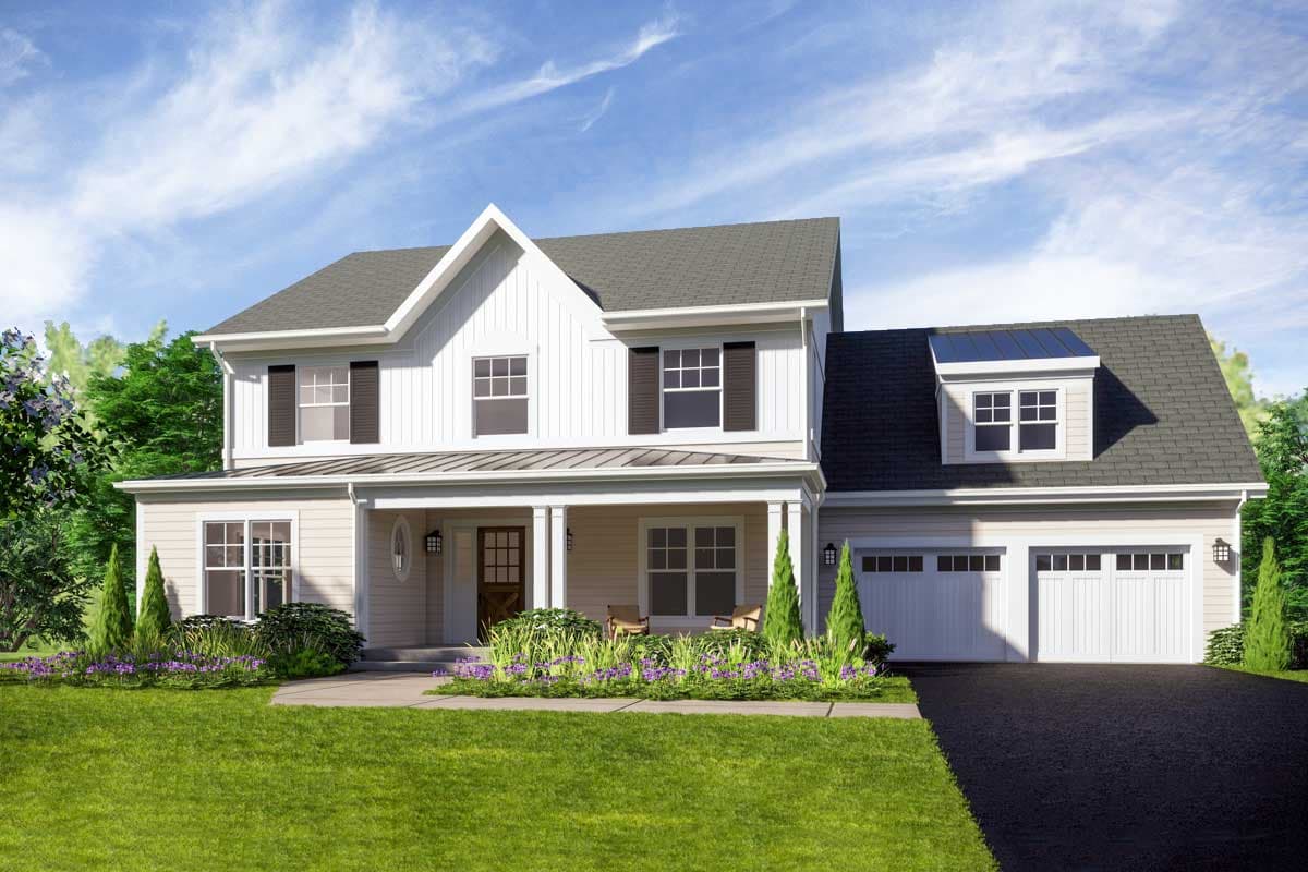 House plan exterior. Two-story, farmhouse-style home with a front porch, gabled roof, and two-car garage. Dormer window above garage.