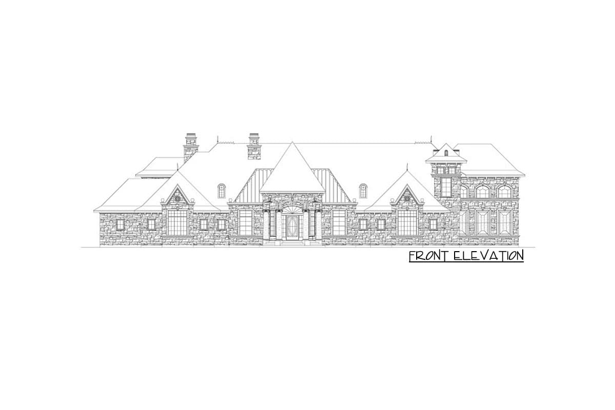 Front elevation drawing of a stone-clad house with multiple gables, dormers, and a prominent entry porch.