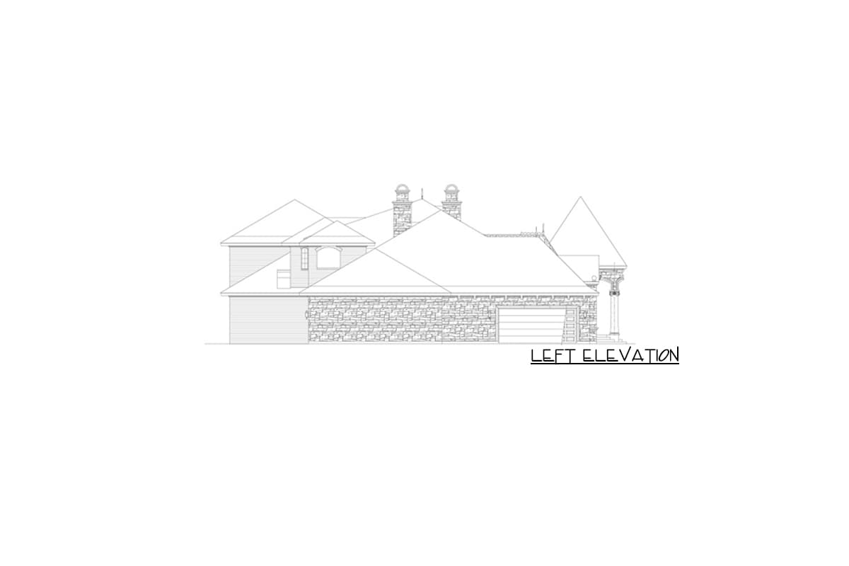 Left elevation drawing of a two-story house plan with stone accents, multiple gables, and a two-car garage.
