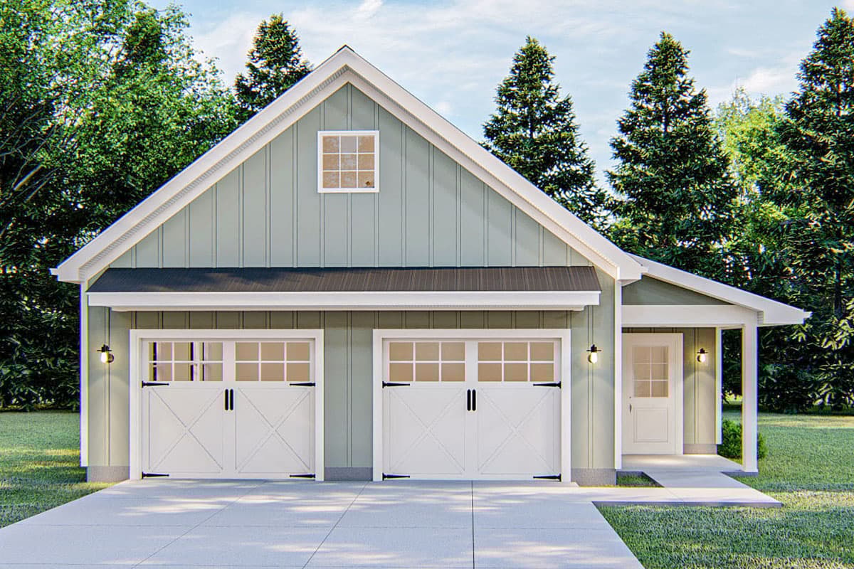 House plan exterior with two garage doors, a covered entry, board and batten siding, and a gable dormer.
