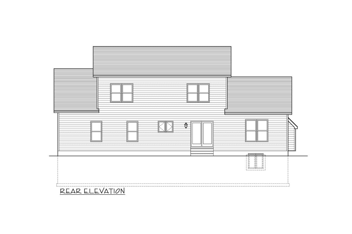 Rear elevation house plan showing a two-story structure with vinyl siding, multiple double-hung windows, and double doors.