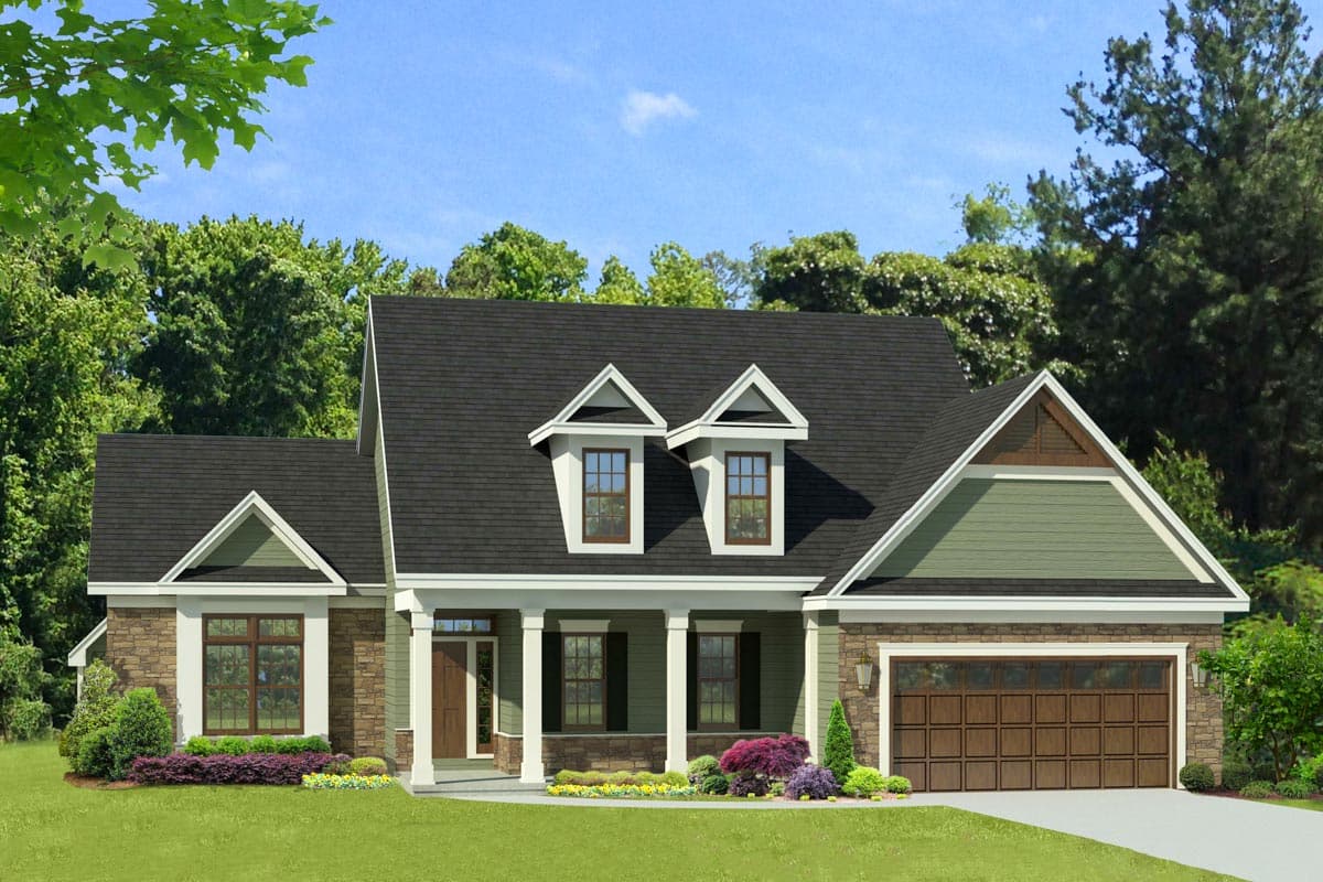 House plan exterior. Two-story, Craftsman-style home with gabled roof, dormers, covered porch with columns, and stone veneer accents.