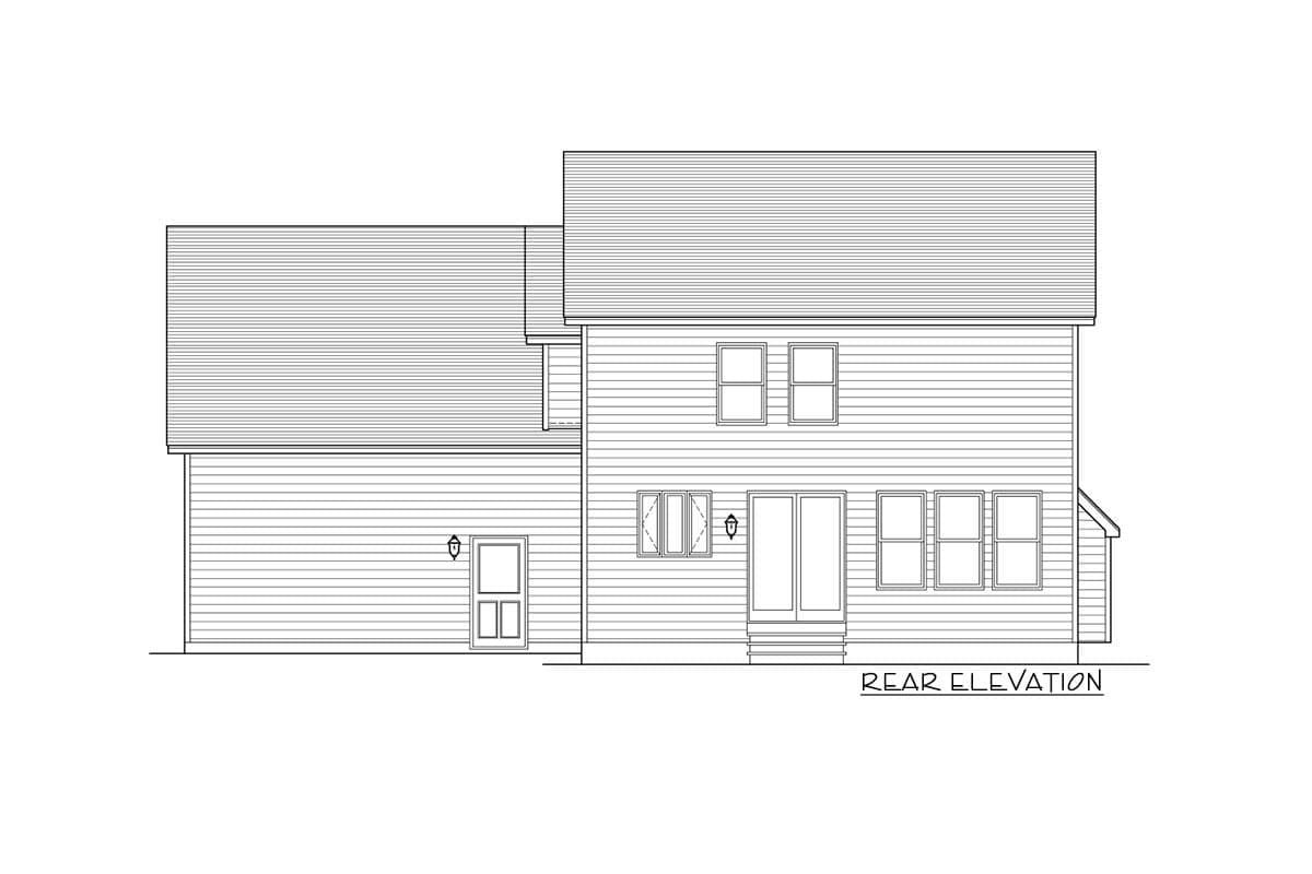 Rear elevation house plan: Two-story structure with siding, double doors, multiple windows, and a single exterior door.