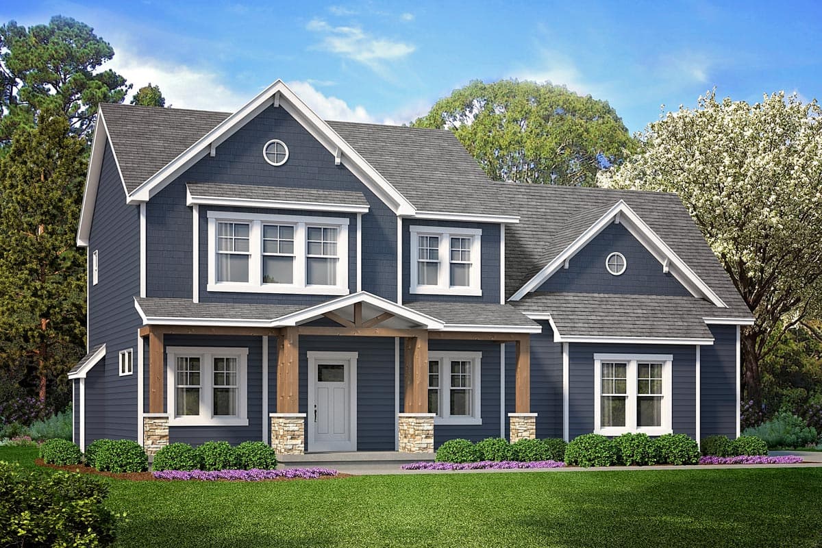 House plan exterior. Two-story, Craftsman-style home with gabled roofline, front porch, and dormers. Features dark siding and white trim.