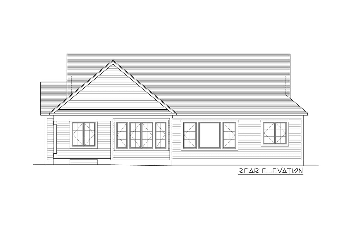 Rear elevation drawing of a single-story house plan with horizontal siding, a prominent gable, and multiple windows.