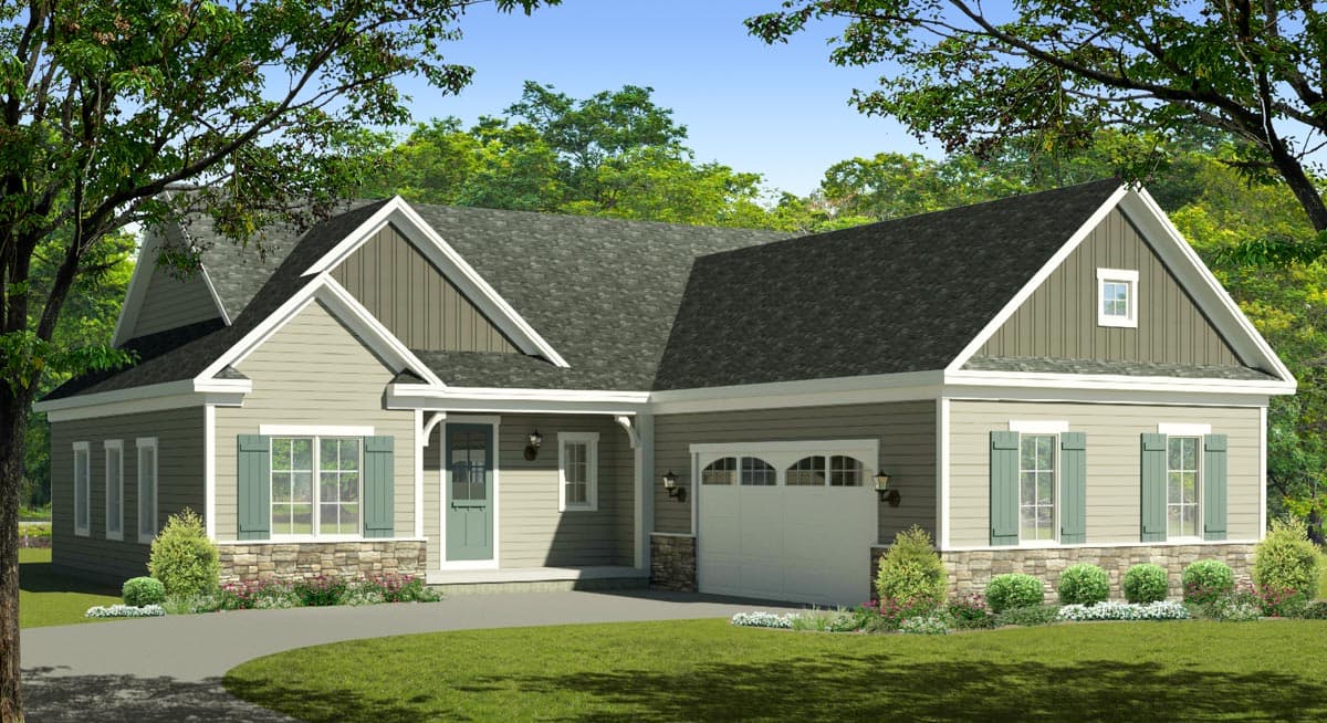 House plan exterior with Craftsman-style elements. Features a gabled roof, stone facade accents, and attached two-car garage.