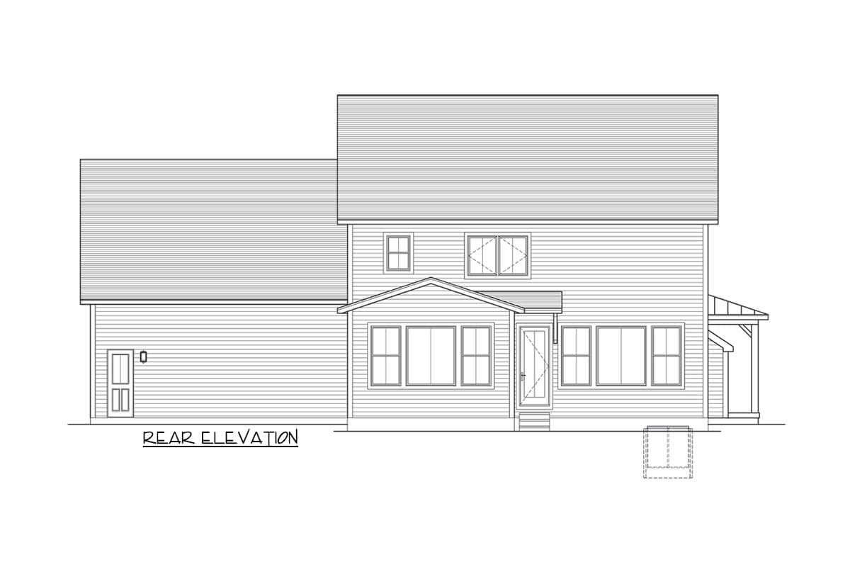 Rear elevation house plan showing a two-story structure with a gable roof, multiple windows, a door with steps, and a side porch.