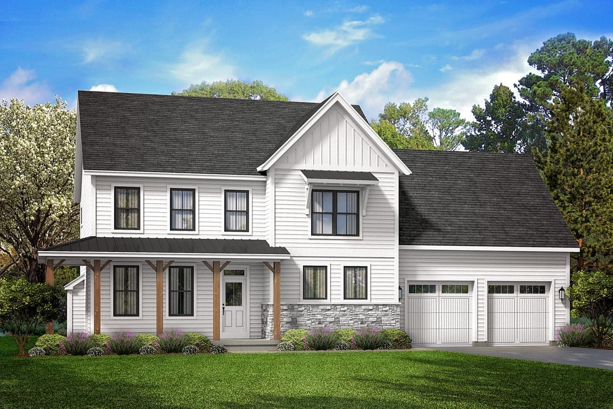 House plan exterior. Two-story Modern Farmhouse with a front porch, gabled roof, and two-car garage. Features include board and batten siding.