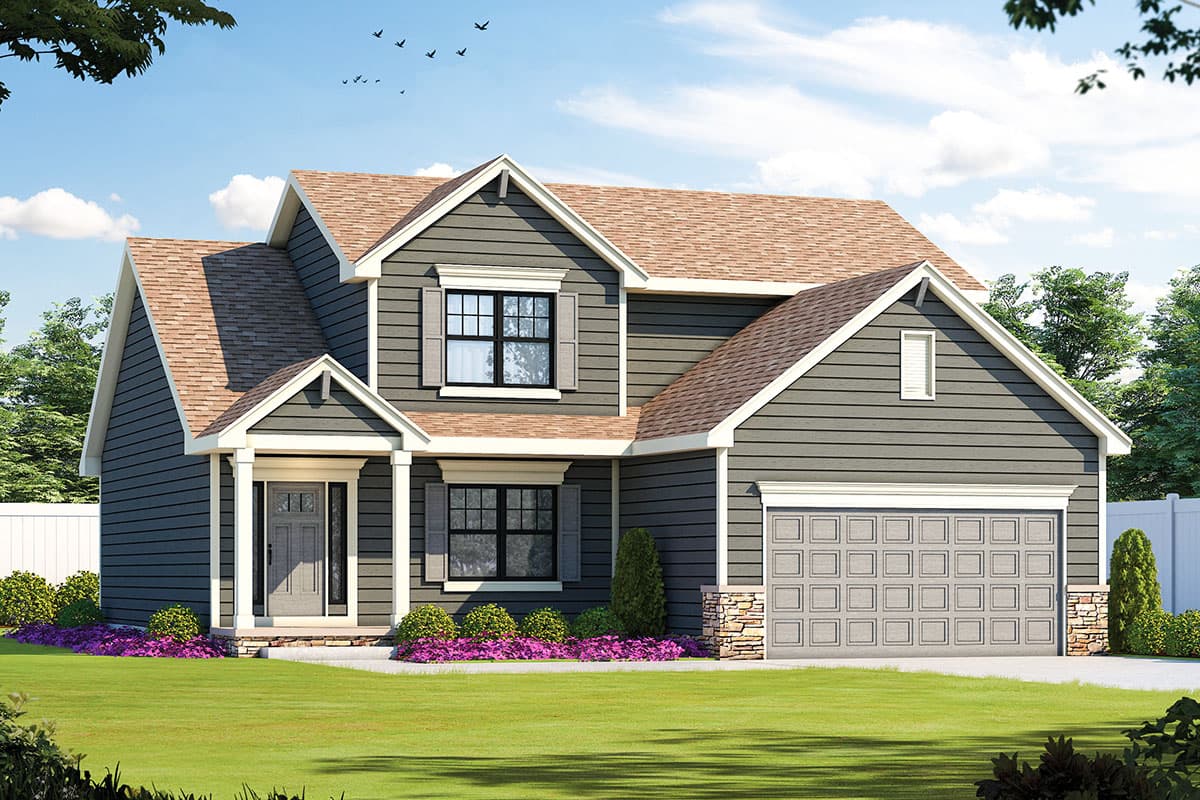 Two-story house plan exterior with covered entry, gabled dormer, stone accents, and two-car garage.